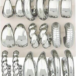 12 Pairs Chunky Silver Hoop Earrings Lightweight Hypoallergenic